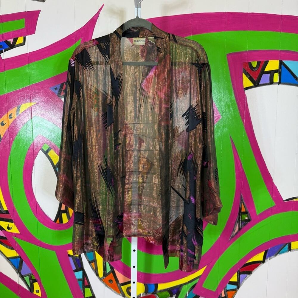 Chico's Black and Brown Casual Open Front Sheer Shirt. Size 2/3(L/XL). Tears.
